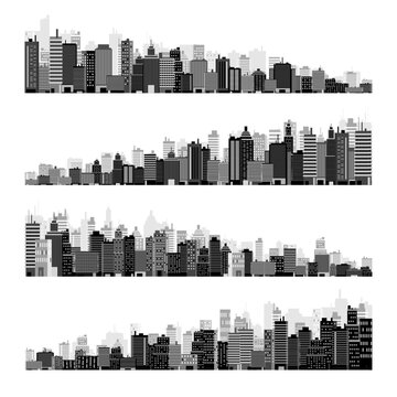 City silhouettes. Cityscape, town skyline, horizontal panorama. Midtown, downtown with various buildings, houses and skyscrapers. Vector illustration Generative AI