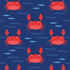 Cute kawaii summer sea animals crab and fish seamless pattern. Vector illustration of kids cartoon characters. Design element for cards, posters, banners, summer design for print, design for fabric
