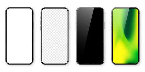 Smartphone with blank touch screen and abstract colorful background, wallpaper. Frameless mobile phone in front view. High quality detailed device mockup. Vector illustration Generative AI