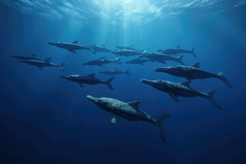 Obraz premium A flock of Monolophosaurus dive in perfect formation above a deep blue ocean.. AI generation. Generative AI