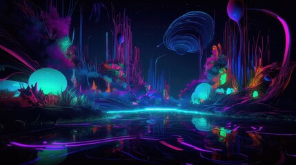 Obraz premium Fantasy world, neon magic lake, neon vj loop, dj loop, music video backgrounds, neon water, full moon, stage shows background, dance music background, unreal engine, metaverse world, fantasy world