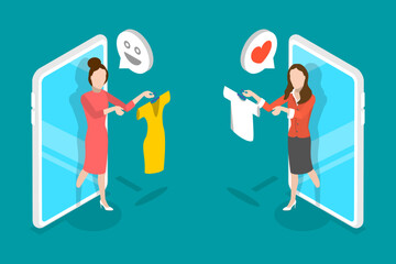 3D Isometric Flat Vector Conceptual Illustration of Online Swap, Clothing Exchange