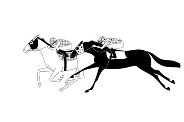 Two racing horses in fierce competition for the finish line, vector illustration