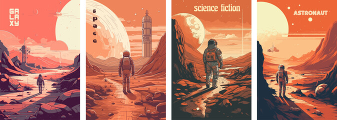 Fototapeta Retro science fiction, a space exploration scene on Mars and astronaut illustration poster set. obraz