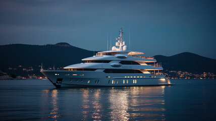 Luxury motor yacht in sea at night, expensive boat near ocean coast, generative AI - obrazy, fototapety, plakaty