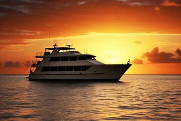 Fototapeta na wymiar Luxury motor yacht in sea at sunset, expensive boat moves in ocean, generative AI