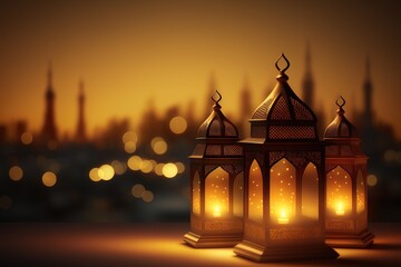Ornamental Arabic lantern with crescent moon - Ramadan Kareem