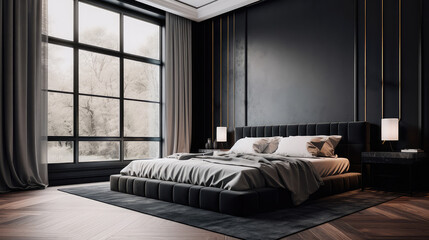 bedroom with sleek black decor, a wooden floor, a king-size bed, and a large window. Generative AI