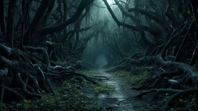 Scary forest at night, dry crooked trees and path in dark fairytale wood, generative AI.