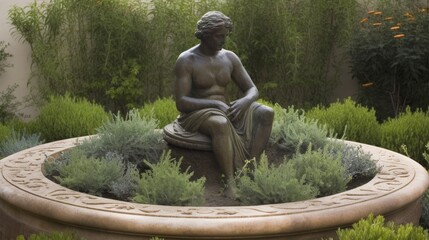 Mediterranean herbs planted in a circular stone border surrounding a contemplative bronze figure. AI generated