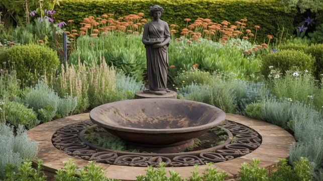 Mediterranean herbs planted in a circular stone border surrounding a contemplative bronze figure. AI generated