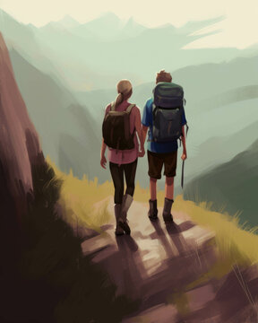 A couple hiking together hand in hand exploring different terrains and dimensions of their relationship Psychology emotions concept. AI generation. Generative AI