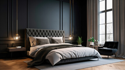 bedroom with sleek black decor, a wooden floor, a king-size bed, and a large window. Generative AI