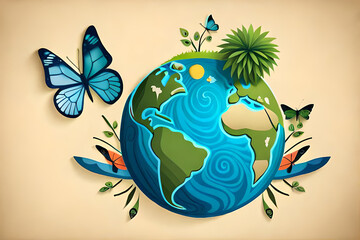 Fototapeta premium safe earth, green enviroment, butterfly, day of earth concept art, IA generativa