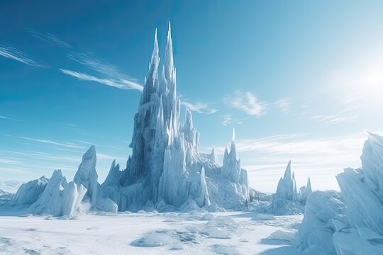 Towering spire of ice stood at the heart of a frozen wasteland, its icy crystals glittering in the pale light. Generative AI