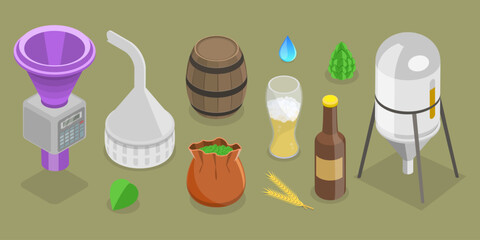 3D Isometric Flat Vector Set of Beer Production Elements, Alcohol Industry
