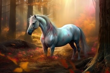 Obraz na płótnie Canvas Unicorn emerged from the forest, its mane and tail flowing in the breeze. Generative AI