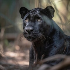 Naklejka na ściany i meble Black panther in natural habitat (generative AI)