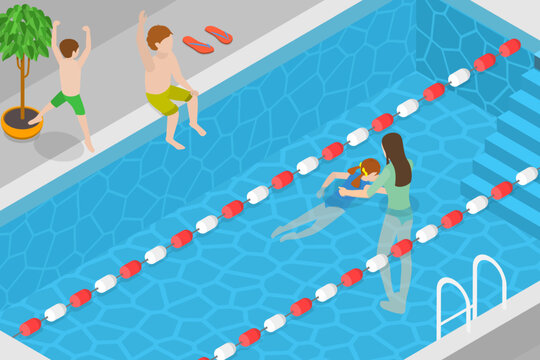 3D Isometric Flat Vector Conceptual Illustration of Swimming Classes, Training in the Pool