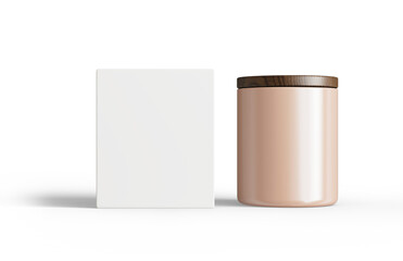 Beige ceramic candle jar with lid and box isolated on transparent background, container candle mockup