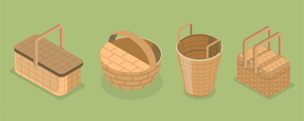 3D Isometric Flat Vector Set of Baskets, Handmade Rattan Boxes