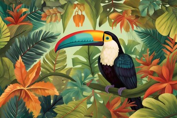Fototapeta premium Vibrant jungle canopy at midday, featuring a colorful toucan perched on a branch overlooking a sea of lush greenery and exotic flowers. Generative AI