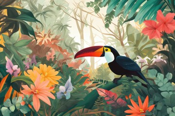 Vibrant jungle canopy at midday, featuring a colorful toucan perched on a branch overlooking a sea of lush greenery and exotic flowers. Generative AI