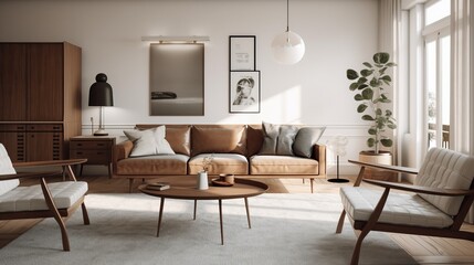 Fototapeta premium Minimalist decor and modern art in an art collector's living room. AI generated