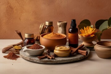 Ayurvedic henna cream ingredients, such as henna powder, essential oils, and herbs, with a sense of natural and organic ingredients. Sense of health and wellness. Generative AI
