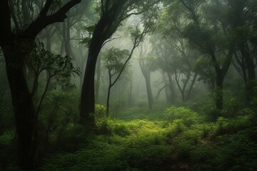Fototapeta na wymiar Lush green forest, against misty background, with a sense of natural beauty and serenity. The image should convey a sense of peace and tranquility. Generative AI