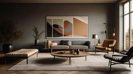 Minimalist decor and modern art in an art collector's living room. AI generated
