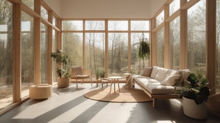 Minimalist decor and natural lighting in a sunroom. AI generated