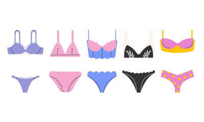Set of colourful women's lingerie vector flat illustration. Female underwear, panties, bikinis and bras.