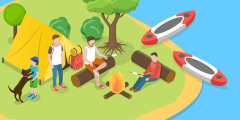3D Isometric Flat Vector Conceptual Illustration of Camping and Rafting, Summer Outdoor Activities