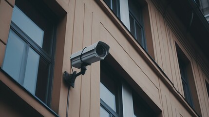 Security camera on modern building. Professional video equipment for safety system. Surveillance and monitoring concept. Modern CCTV camera technology on the wall in the city. Generative AI.