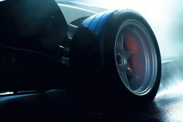 Streams of black oil being sprayed up from a racers tires as it takes a corner. Speed drive concept. AI generation. Generative AI