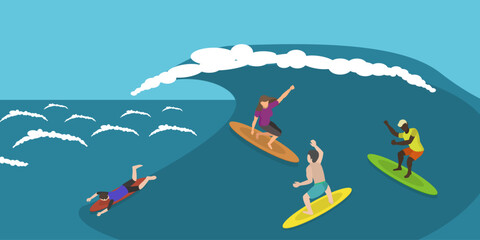 3D Isometric Flat Vector Conceptual Illustration of Surfing, Summer Sea Activity