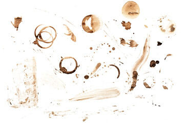 coffee stains in multiple shapes on transparent background - obrazy, fototapety, plakaty