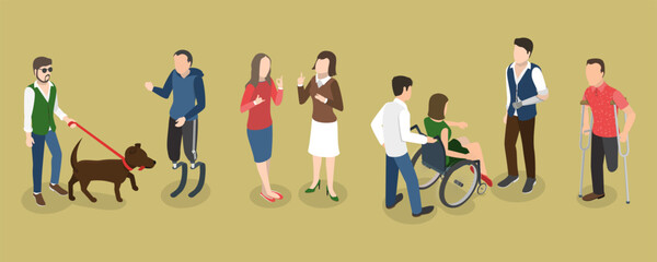 3D Isometric Flat Vector Conceptual Illustration of People with Different Types Of Disabilities, Equality, Diversity and Inclusion