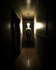 Obraz premium A faceless figure standing in a dark hallway that only ends in a dead end with a single lightbulb at the Psychology emotions concept. AI generation. Generative AI