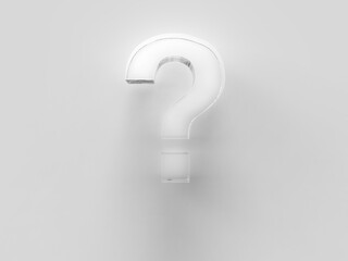 Close up question mark on a gray background. Interrogative topics. 3d rendering. Illustration for advertising. Transparent scrached galss volumed question mark.