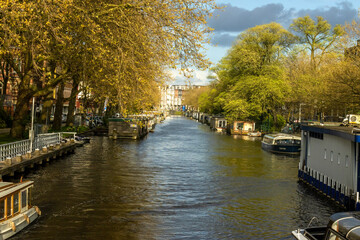 Beautiful view of a canal in Amsterdam in spring with houseboats along each side looking down o city houses with trees and blue skies