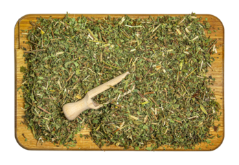 Background of natural melissa mint. Texture of dry Melissa officinalis L. Top view. Flat layout.