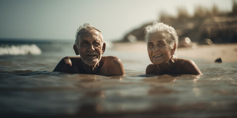 Elderly man and woman swimming in sea. Generative AI.