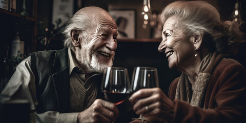Couple of seniors having fun in pub toast with glasses of wine. Generative AI.