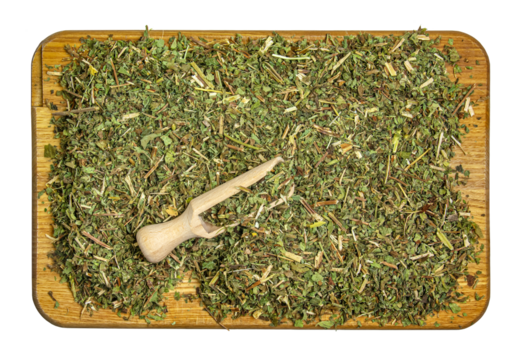 Background of natural melissa mint. Texture of dry Melissa officinalis L. Top view. Flat layout.