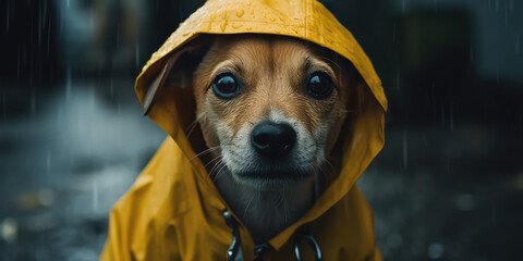 Portrait of dog looking at camera wearing yellow raincoat with hood during raining weather. Generative AI.