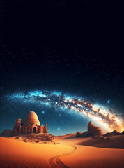 mosque with milky way sky background and space for text