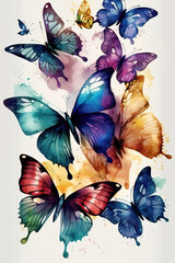 Generative AI. Colorful butterflies on an isolated white background, watercolor illustration