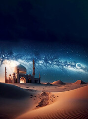 mosque with milky way sky background and space for text